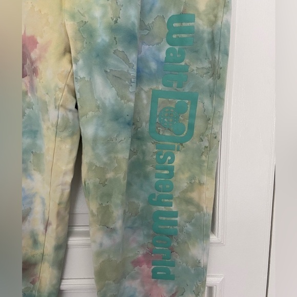 Disney Tie Dye Sweatpants Joggers Drawstring Pockets Comfy Green Yellow Large - Picture 4 of 7